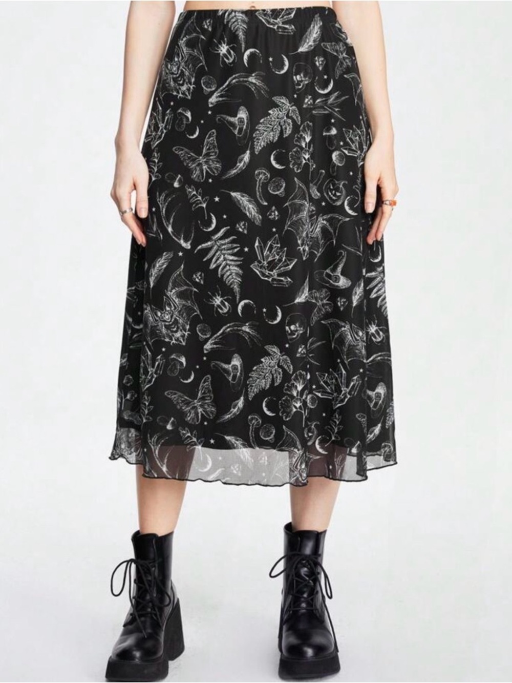 Womens Midi SKIRT-6-Black Sheer Fairycore Whimsigoth Majestic Witchy-Skull-Dark